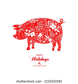 Chinese Zodiac Sign Year of Pig, Red paper cut pig, Happy Chinese New Year 2019 year of the pig