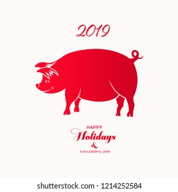 Chinese Zodiac Sign Year of Pig, Red paper cut pig, Happy Chinese New Year 2019 year of the pig