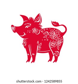 Chinese Zodiac Sign Year of Pig. Red pattern pig. Happy Chinese New Year 2019.