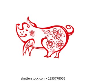 Chinese Zodiac Sign Year of Pig. Red floral pattern pig. Happy Chinese New Year 2019.
