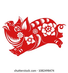 Chinese Zodiac Sign Year of Pig,Red paper cut pig,Happy Chinese New Year 2019 year of the pig