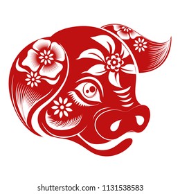 Chinese Zodiac Sign Year of Pig,Red paper cut pig,Happy Chinese New Year 2019 year of the pig