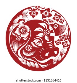 Chinese Zodiac Sign Year of Pig,Red paper cut pig,Happy Chinese New Year 2019 year of the pig