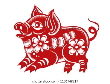 Chinese Zodiac Sign Year of Pig,Red paper cut pig,Happy Chinese New Year 2019 year of the pig