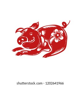 Chinese Zodiac Sign Year of Pig,Red paper cut pig,Happy Chinese New Year 2019 year of the pig