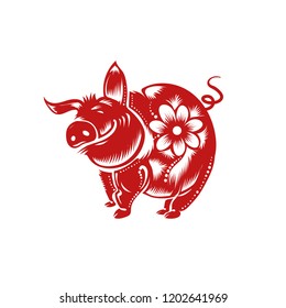 Chinese Zodiac Sign Year of Pig,Red paper cut pig,Happy Chinese New Year 2019 year of the pig