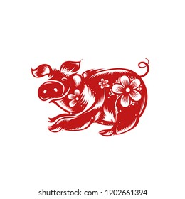 Chinese Zodiac Sign Year of Pig,Red paper cut pig,Happy Chinese New Year 2019 year of the pig