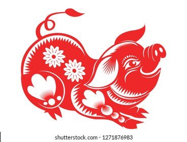 Chinese Zodiac Sign Year of Pig,Red paper cut pig,Happy Chinese New Year 2019 year of the pig - Vector 