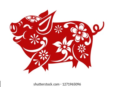 Chinese Zodiac Sign Year of Pig,Red paper cut pig,Happy Chinese New Year 2019 year of the pig - Vector 