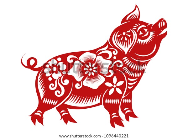 Chinese Zodiac Sign Year of Pig,Red\
paper cut pig,Happy Chinese New Year 2019 year of the\
pig
