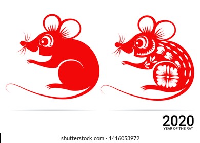 Chinese Zodiac Sign Year of Rat, Red paper cut rat, Happy Chinese New Year 2020 year of the rat