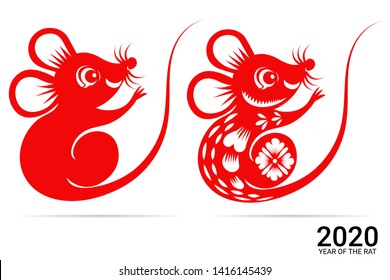 Chinese Zodiac Sign Year of Rat, Red paper cut rat, Happy Chinese New Year 2020 year of the rat