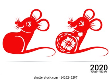 Chinese Zodiac Sign Year of Rat, Red paper cut rat, Happy Chinese New Year 2020 year of the rat 