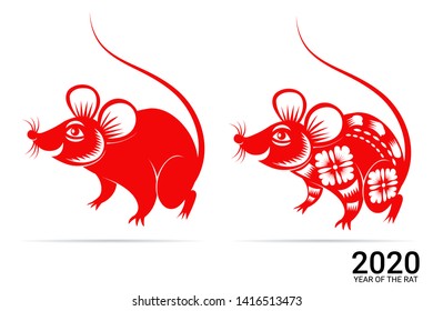 Chinese Zodiac Sign Year of Rat, Red paper cut rat, Happy Chinese New Year 2020 year of the rat 