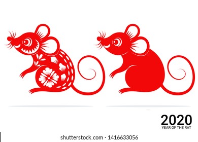 Chinese Zodiac Sign Year of Rat, Red paper cut rat, Happy Chinese New Year 2020 year of the rat 