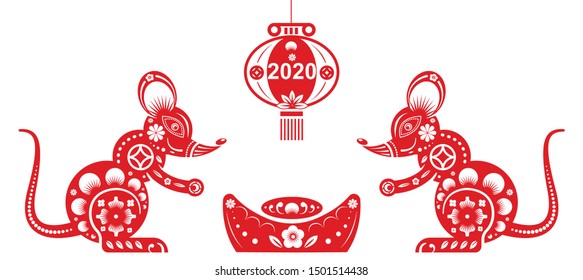 Chinese Zodiac Sign Year of Rat, Red paper cut, Happy Chinese New Year 2020. Vector illustration.