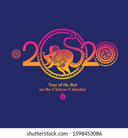 Chinese Zodiac Sign Year of Rat. Bright Rat 2020 on a dark blue background. New Year's decor greeting card with a Chinese rat running in a circle 2020. Happy Chinese New Year 2020. 
