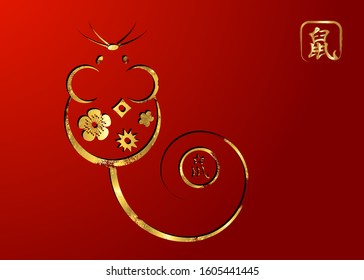 Chinese Zodiac Sign Year of Rat, Luxury Gold leaf ornament in red paper cut style. Happy Chinese New Year 2020, mouse cartoon icon and golden oriental traditional sign, flat design. Translation : rat