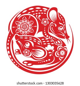 Chinese Zodiac Sign Year of Rat,Red paper cut rat,Happy Chinese New Year 2020year of the rat 