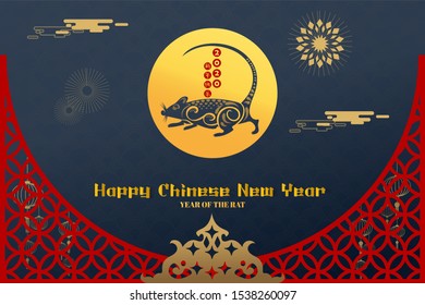 Chinese Zodiac Sign Year of Rat,Red paper cut rat,Happy Chinese New Year 2020 year of the rat  (Translation : Lucrative Happy Chinese New Year)