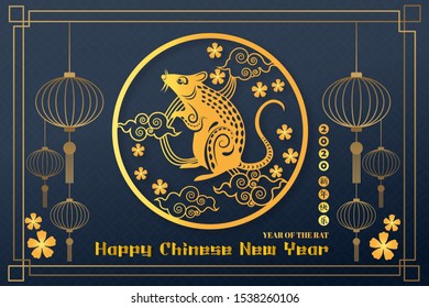 Chinese Zodiac Sign Year of Rat,Red paper cut rat,Happy Chinese New Year 2020 year of the rat  (Translation : Lucrative Happy Chinese New Year)
