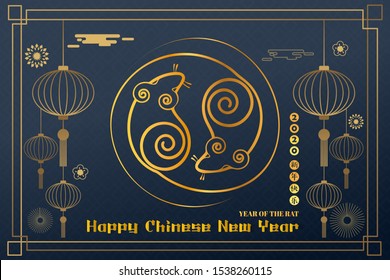 Chinese Zodiac Sign Year of Rat,Red paper cut rat,Happy Chinese New Year 2020 year of the rat  (Translation : Lucrative Happy Chinese New Year)