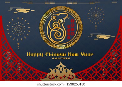 Chinese Zodiac Sign Year of Rat,Red paper cut rat,Happy Chinese New Year 2020 year of the rat  (Translation : Lucrative Happy Chinese New Year)