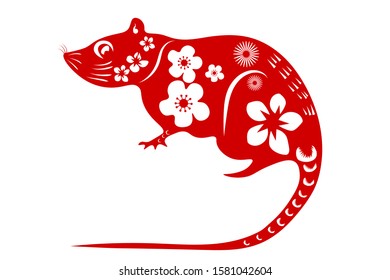 Chinese Zodiac Sign Year of Rat,Red Paper cut rat,Happy Chinese New Year 2020 year of the rat (Translation : Happy Chinese new year)