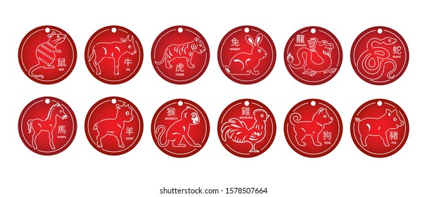 Chinese Zodiac Signs. 12 zodiacal animals. Set of Symbol of the year drawing by white outline on red background. New Year's decoration. Templates for laser cutting. Round banner, tag.