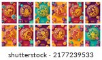 Chinese zodiac signs in circles, paper cut colorful flowers, posters set. Vector illustration. Place for your Text. 2023 New year of Rabbit