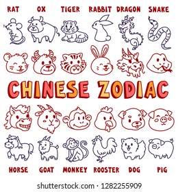 Chinese Zodiac Signs. Cute Cartoon Style Animals. Freehand Vector Illustration Isolated On White Background.