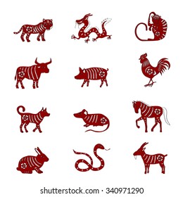 Chinese zodiac signs design. Rat snake dragon pig rooster rabbit horse monkey dog tiger ox bull mouse, vector illustration