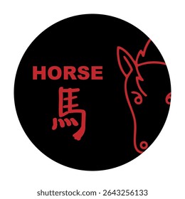 Chinese zodiac signs, horoscope icons set. Animal symbol horse. Twelve animal avatars. With Chinese writing.