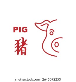 Chinese zodiac signs, horoscope icons set. Animal symbol pig. Twelve animal avatars. With Chinese writing.