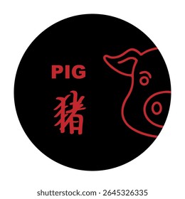 Chinese zodiac signs, horoscope icons set. Animal symbol pig. Twelve animal avatars. With Chinese writing.
