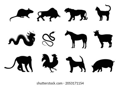 Chinese zodiac signs icons set. Rat snake dragon pig rooster cat horse monkey dog tiger ox bull mouse. Vector