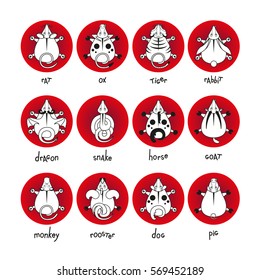 Chinese zodiac signs icons set. Rat snake monkey dragon pig rooster rabbit horse dog tiger ox mouse, vector cartoon illustration. black and white on a red background
