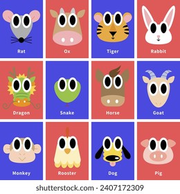 Chinese zodiac signs illustrations in cute cartoon style.