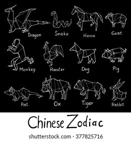 Chinese Zodiac signs in origami style. Hand drawn vector illustration