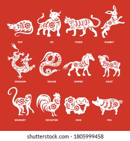 Chinese zodiac signs of sacred animals cutting white paper set on red background with description isolated vector illustration