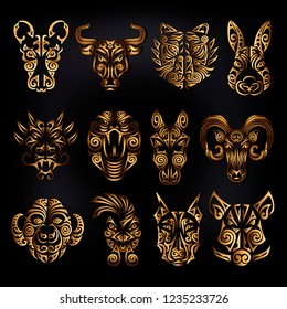 Chinese zodiac signs set. Rat, ox bull, tiger, rabbit, dragon, snake, horse, ram, monkey, rooster, dog, boar heads stylized Maori face tattoo. Vector illustration