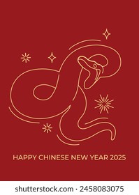 Tarjeta de felicitación china del arte de la línea de la serpiente del zodiaco 2025. Año nuevo chino de la tarjeta de la serpiente.