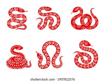 Chinese zodiac snake animal vector icons set. China Lunar new year symbolic, red ornate wriggling serpent, horoscope signs isolated on white background. Sarpentine snake asian symbol of year, tattoo