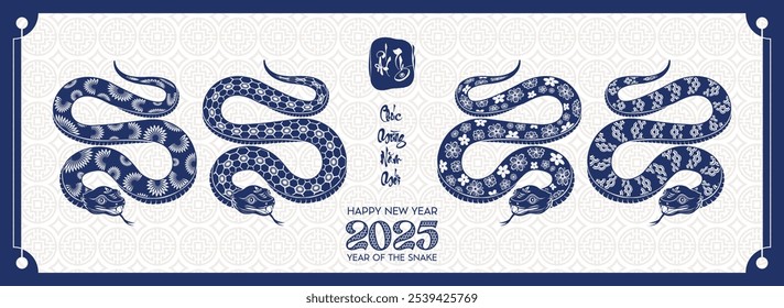 Serpiente del zodiaco chino con corte de papel azul. Feliz año nuevo chino 2025