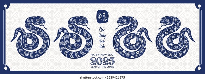 Serpiente del zodiaco chino con corte de papel azul. Feliz año nuevo chino 2025