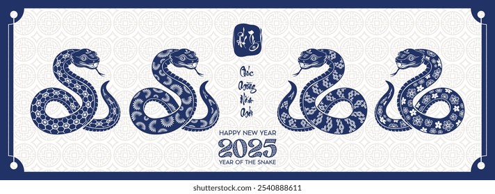 Serpiente del zodiaco chino con corte de papel azul. Feliz año nuevo chino 2025