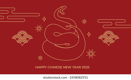 Chinese zodiac snake line art 2025 new year card. Chinese new year of the snake with oriental decorative elements, auspicious clouds and fireworks.