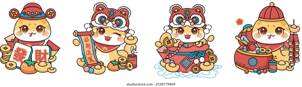 chinese zodiac snake mascot vector illustration, chinese new year cute cartoon snake mascot. translation from left: fortune, prosperity.