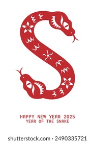 Chinese zodiac snake red paper cutting style. Traditional chinese new year of the snake 2025 card.