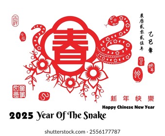 Chinese Zodiac snake Red papercutting design, right side stamp image translation: Snake and Left side  red stamp image translation: Everything is going smoothly.  ( Chinese translation : spring ) 